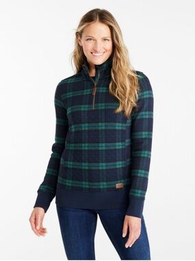 L.L. Bean Blue Green Plaid Women's Quilted Quarter-Zip Pullover Sweatshirt Large